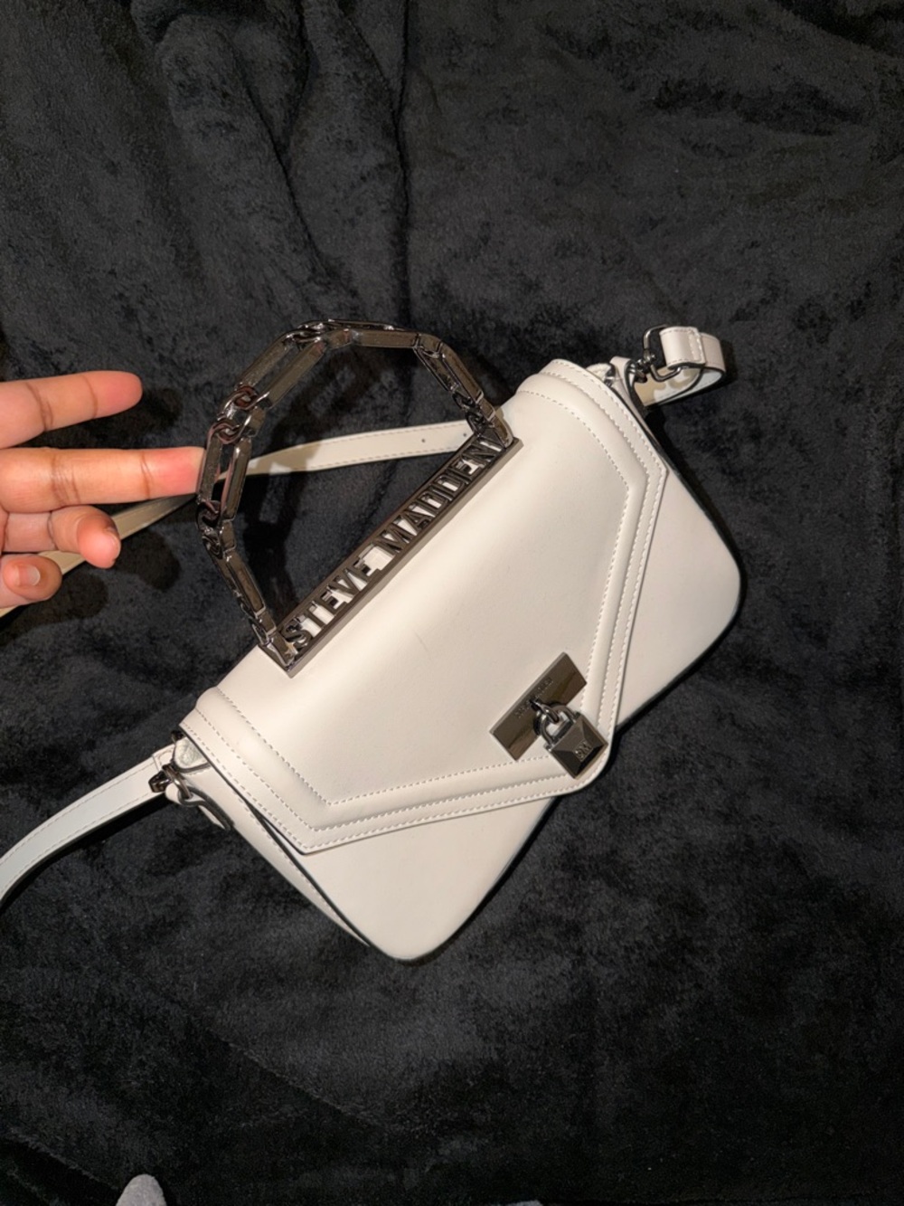 Steve Madden White Faux-Leather Crossbody Satchel with Silver Hardware